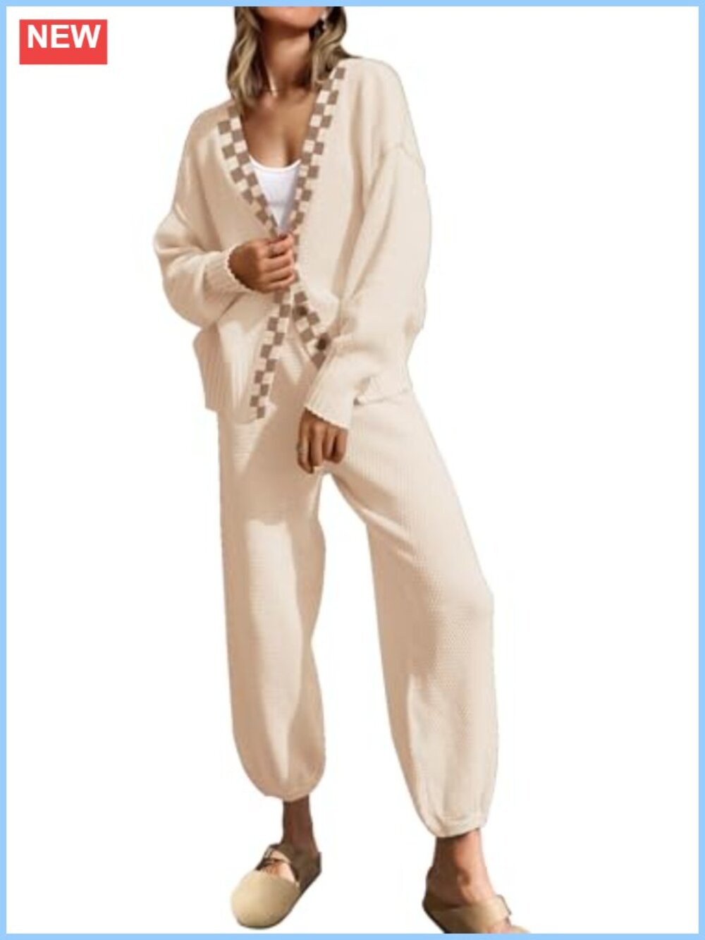 Knit Sweater Set Button Down Cardigan & Long Pants Lounge Set
